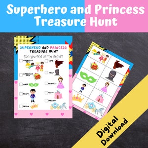 Superhero and Princess Treasure Hunt, Kids Birthday Party Games, Superhero and Princess Party, Scavenger Hunt, INSTANT DOWNLOAD