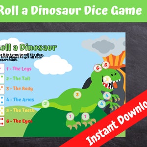Roll a Dinosaur Dice Game, Dinosaur Party Game, Kids Dino Printable, Dino Party, DIGITAL DOWNLOAD - Print at home