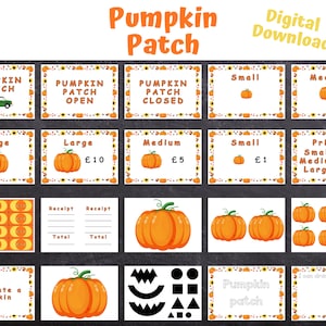 May include: A digital download with pumpkin patch themed graphics. Includes signs saying "Pumpkin Patch Open" and "Pumpkin Patch Closed", along with pumpkin sizes and prices in pounds. Also includes pumpkin decorating templates.