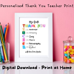 Thank You Teacher Print, Personalised End of School Teacher Gift, Personalised Print, DIGITAL DOWNLOAD Print at Home