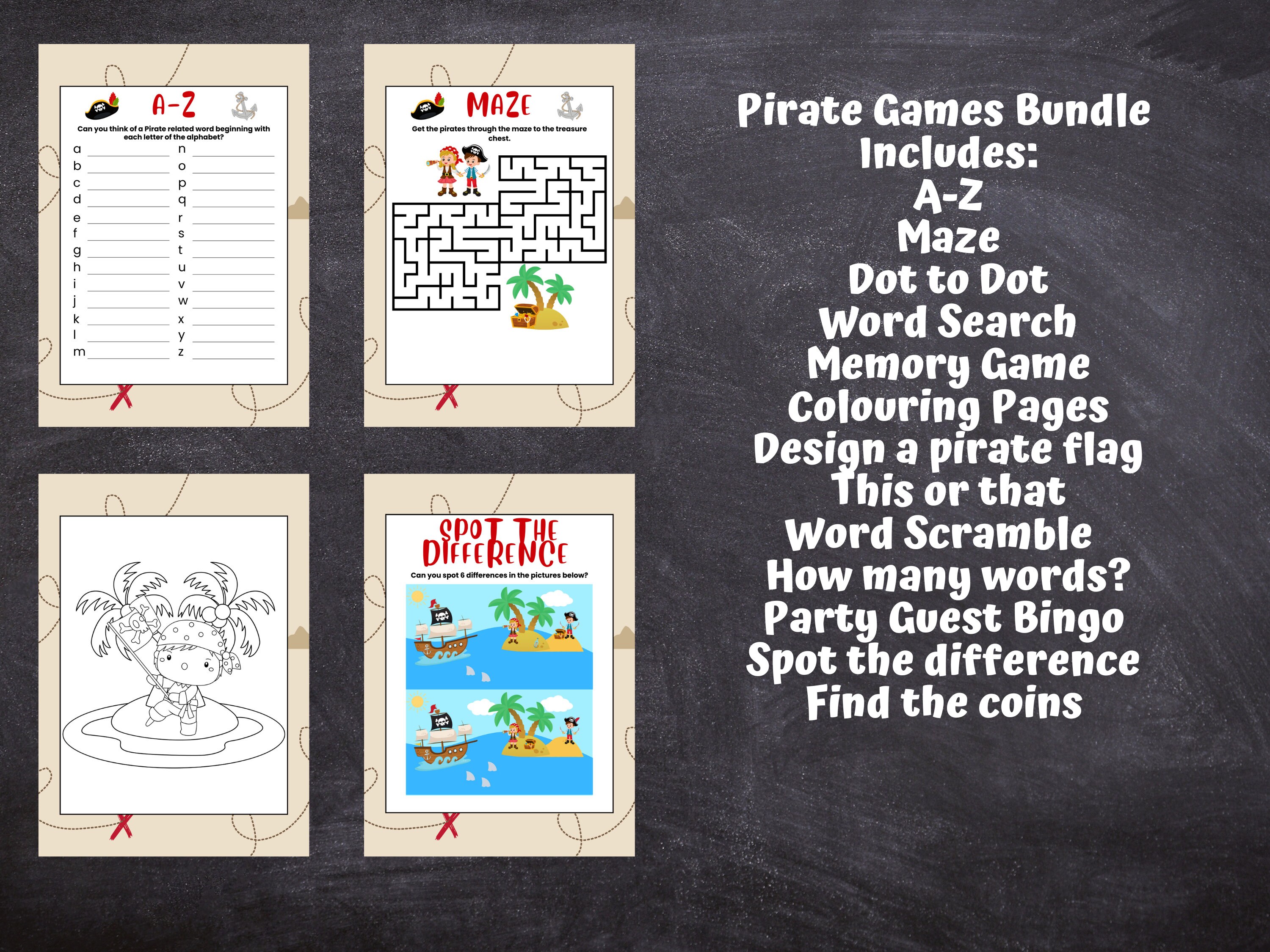 Pirate Party Games Bundle, Kids Birthday, Pirate Party Activity Pack