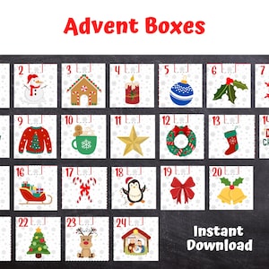 DIY Advent Calendar, Fill Your Own Advent Calendar Boxes, Christmas Boxes, 24 Days of Christmas, Printable Xmas Decoration, INSTANT DOWNLOAD
