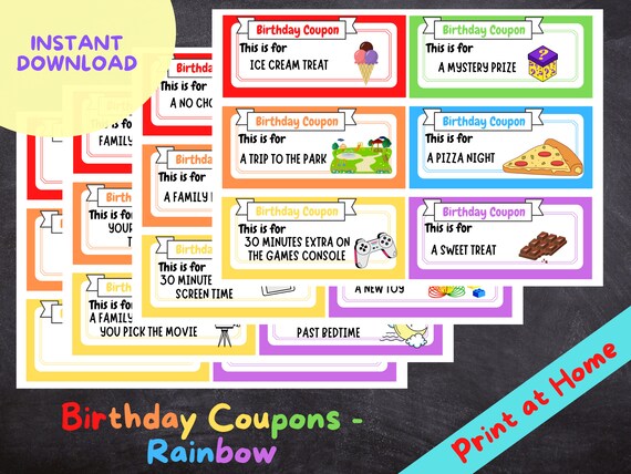 Printable Kids Birthday Coupons INSTANT DOWNLOAD Print at | Etsy
