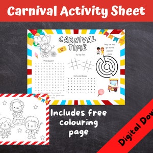 Carnival Activity Sheet, Kids Coloring, Printable Carnival Games Page, Summer Fayre, School Fete, Circus Games, Party INSTANT DOWNLOAD