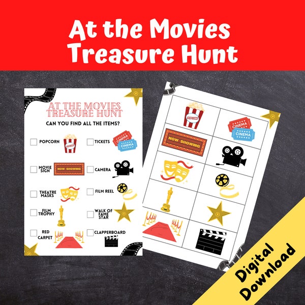 At the Movies Treasure Hunt, Kids Birthday Party Games, Movie Scavenger Hunt, Film Night, INSTANT DOWNLOAD Print at Home