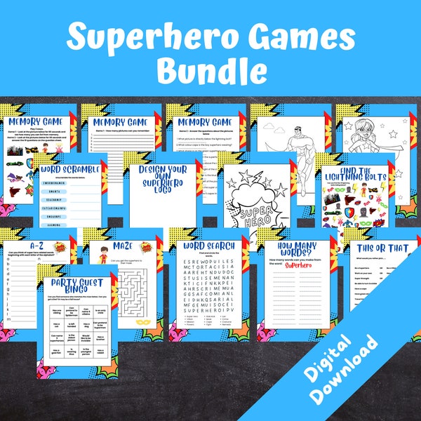 Superhero Party Games Bundle  | Child / Kids Birthday Games | Superhero Birthday Party | Puzzles | INSTANT DOWNLOAD