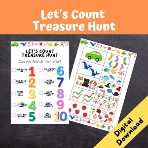 Let&#39;s Count Treasure Hunt, Kids Birthday Party Games, Scavenger Hunt, Learning to count, Number Games, INSTANT DOWNLOAD Print at Home
