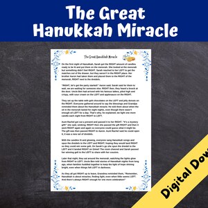 Puede incluir: Una descarga digital con el texto "The Great Hanukkah Miracle" en azul, con elementos florales decorativos. El texto está sobre un fondo blanco, con una pancarta diagonal amarilla que dice "Digital Download".