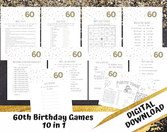 May include: A set of 10 printable 60th birthday party games. The games include a movie trivia, song trivia, party guest bingo, would they rather, who knows the birthday honoree best, what's on your phone, guess their age, leave a note for, party time, and photo challenge. The games are decorated with gold stars and the number 60.