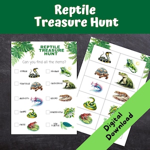 Puede incluir: Dos hojas de juego de búsqueda del tesoro imprimibles con temática de reptiles. Las hojas presentan ilustraciones de varios reptiles, incluyendo una cobra, una iguana, una tortuga, un cocodrilo, un ajolote, un gecko, una serpiente, un camaleón, una rana y una tortuga marina.
