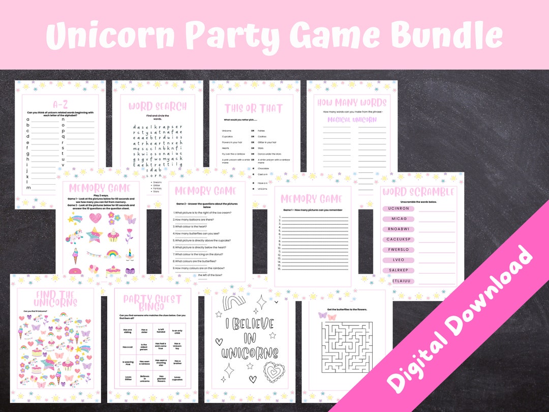 Unicorn Party Games Bundle, Kids Birthday Games, Unicorn Themed Party, Activity Sheets, INSTANT