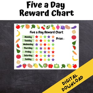 Puede incluir: Un gráfico de recompensas imprimible de "Five a Day" con un borde colorido de frutas y verduras. El gráfico tiene un espacio para un premio y una cuadrícula de estrellas para cada día de la semana.