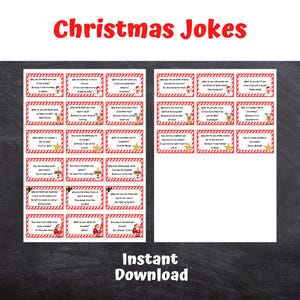 Könnte beinhalten: Ein digitaler Download mit Weihnachtswitzen. Das Bild zeigt zwei Sätze von Witzkarten mit rot-weißen Rändern, festlichen Illustrationen und humorvollen Fragen und Antworten. Die Wörter "Christmas Jokes" und "Instant Download" sind ebenfalls sichtbar.
