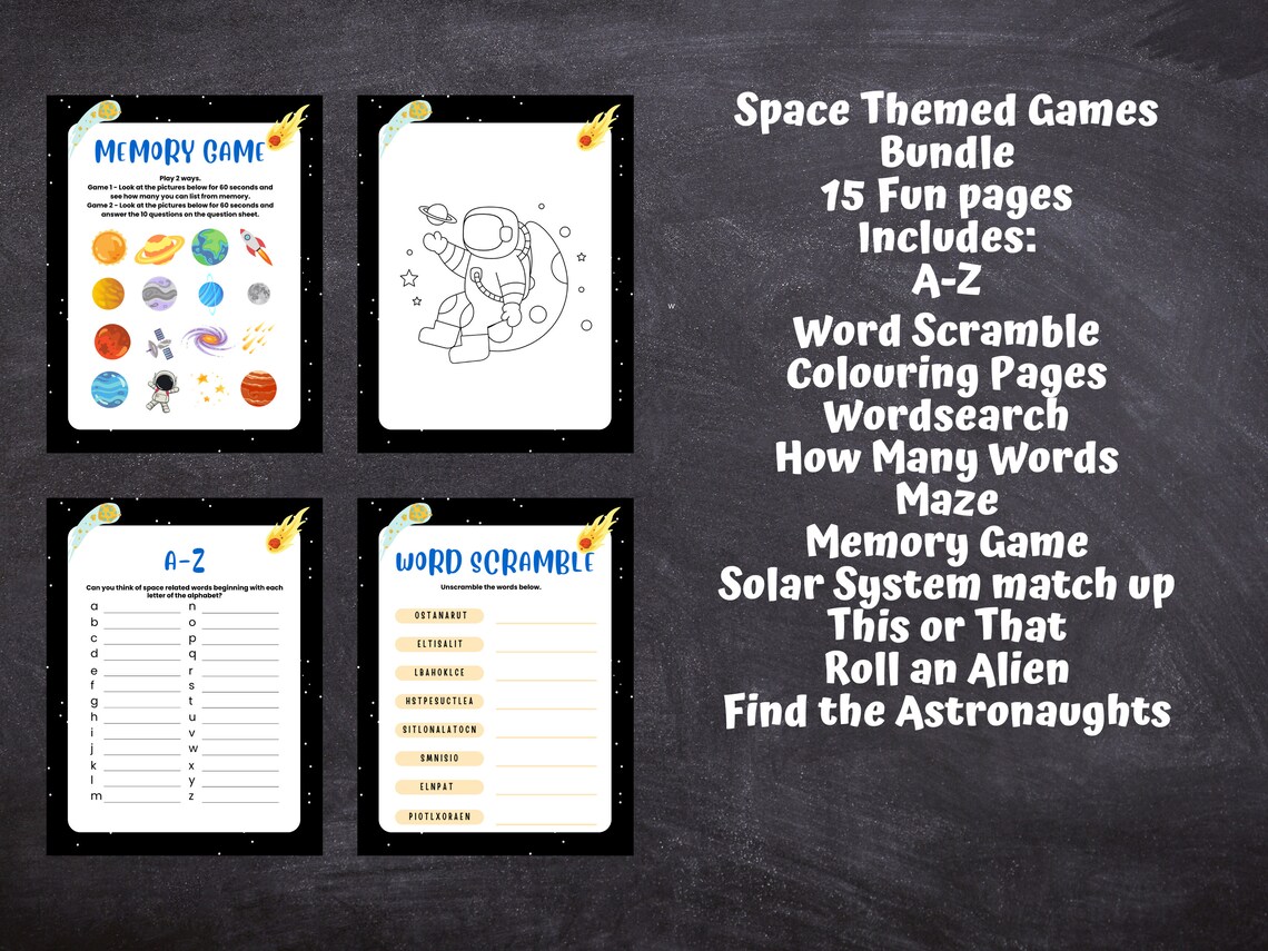 Space Themed Party Games Bundle, Kids Birthday Games, Space Birthday Party, Puzzles, Quiz