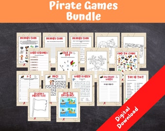 May include: A printable set of pirate-themed games for kids. The games include memory, word scramble, dot-to-dot, maze, word search, how many words, this or that, and design a pirate flag. The games are in black and white with a brown background and red accents.