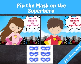 Pin the mask on the Superhero, Superhero Party Game, Kids Birthday, DIY Printable Party Game, DIGITAL DOWNLOAD