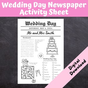 May include: A black and white printable wedding day activity sheet with a word search, a maze, and a wedding day I-Spy game. The sheet features the text "Wedding Day" and "Mr. and Mrs. Smith".
