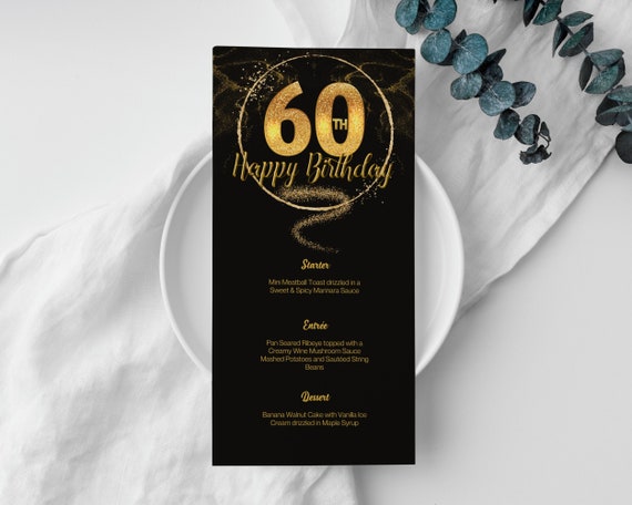 Black and Gold 60th Birthday Menu Dinner Menu Celebration - Etsy