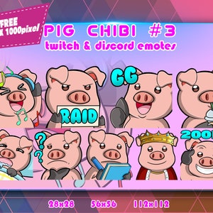 Pig Chibi 3, paquete de gestos de Twitch, paquete de gestos de Discord, gestos para streamers, paquete de gestos.