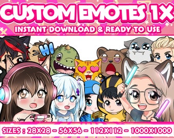 Può includere: Una collezione di emote animate personalizzate con vari personaggi dei cartoni animati, tra cui una ragazza con cuffie rosa, una ragazza con i capelli blu, un lupo, un orso, un dinosauro e un gatto. Le emote sono disponibili in quattro dimensioni: 28x28, 56x56, 112x112 e 1000x1000. Il testo "CUSTOM EMOTES 1X" e "INSTANT DOWNLOAD & READY TO USE" è visualizzato nella parte superiore dell'immagine.