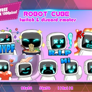 May include: Set of eight animated robot cube emotes for Twitch and Discord. The emotes feature a white robot with different expressions, including hype, rip, hi, and crying. The emotes are free and come in three sizes: 28x28, 56x56, and 112x112 pixels.