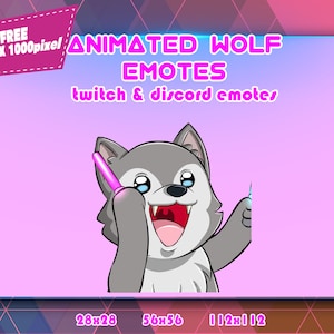 Lupo animato Chibi Rave, pacchetto emote Twitch, pacchetto emote Discord, emote per streamer, pacchetto emote.