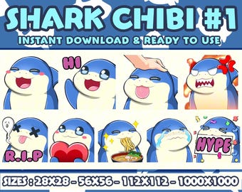 Pack de emoticonos de tiburón chibi: emoticonos para streamers de Twitch y Discord (descarga digital)