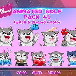Pacchetto animato Wolf Chibi, pacchetto emote Twitch, pacchetto emote Discord, emote per streamer, pacchetto emote.