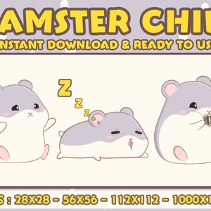 May include: Three cartoon hamster illustrations in different poses. The hamster on the left is sitting with its arms crossed. The hamster in the middle is sleeping with its mouth open and drool coming out. The hamster on the right is holding a sunflower seed in its paws. The text "HAMSTER CHIBI" is at the top of the image. The text "INSTANT DOWNLOAD & READY TO USE" is below the hamsters. The text "SIZES: 28X28 - 56X56 - 112X112 - 1000X1000" is at the bottom of the image.
