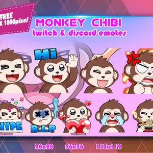 Pode incluir: Um conjunto de oito emojis de macaco animados com diferentes expressões, incluindo "Olá", "Hype", "RIP", "Zangado", "Triste", "Amor" e "Comendo". Os emojis são em estilo de desenho animado e são projetados para uso no Twitch e Discord.