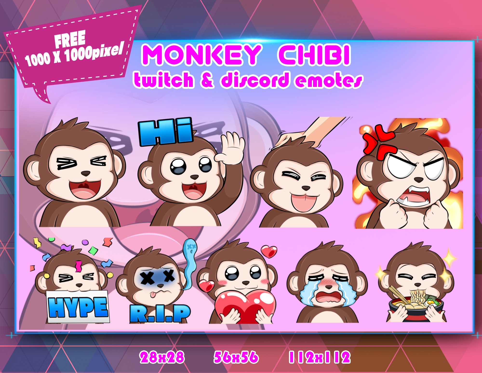 Monkey Chibi, Twitch Emotes Pack, Discord Emotes Pack, Emotes For Streamer, Emotes Pack.