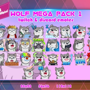 Mega Pack Wolf Chibi, Pakiet emotikonów Twitch, Pakiet emotikonów Discord, Emotki dla streamerów, Pakiet emotikonów.