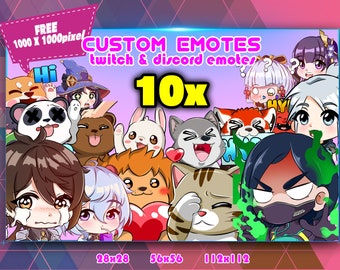 May include: A digital illustration of 10 custom emotes for Twitch and Discord. The emotes are in a variety of styles, including cartoon, anime, and realistic. The emotes are all 1000 x 1000 pixels and are free to use.