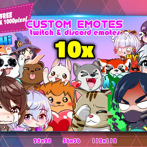 4 EMOTES ANIMÉES GRATUITES + 10 émoticônes personnalisées Chibi, pack d'émoticônes Twitch, pack d'émoticônes Discord, émoticônes pour streamer, pack d'émoticônes.