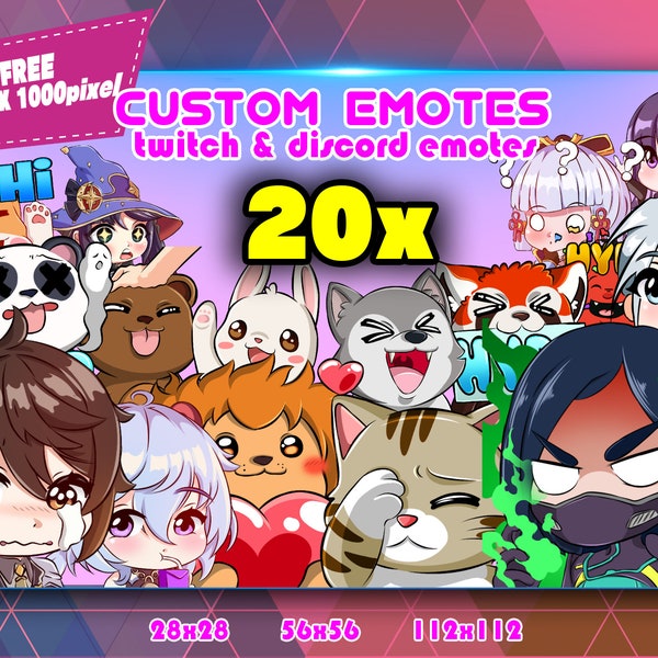 GRATIS 8 ANIMADOS + 20x Emotes personalizados Chibi, Paquete de gestos Twitch, Paquete de gestos Discord, Emotes para Streamer, Paquete de gestos.