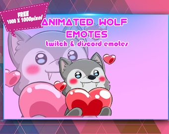 Animated Wolf Chibi Heart Emotes: Twitch, Discord (PNG Digital Download)