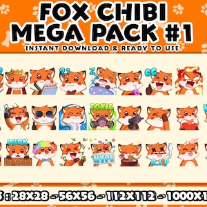 Mega Pack Fox Chibi, Pack d'émoticônes Twitch, Pack d'émoticônes Discord, Pack d'émoticônes pour streamer, Pack d'émoticônes.