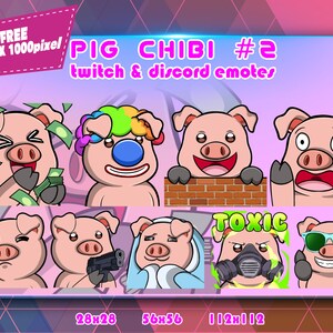 Pig Chibi 2, paquete de gestos de Twitch, paquete de gestos de Discord, gestos para streamers, paquete de gestos.