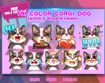 Könnte beinhalten: Ein Satz von acht animierten Emojis mit einem Cartoon-Corgi-Hund in verschiedenen Posen. Die Emojis beinhalten "Hallo", "Ramen essen", "Liebe", "Hype", "Lachen", "Weinen", "Wütend" und "Schlafen". Die Emojis sind für die Verwendung auf Twitch und Discord konzipiert.