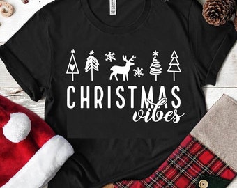 Vibraciones navideñas, camiseta navideña, camiseta de regalo de Navidad, camiseta navideña, Navidad retro, regalo de Navidad, camiseta festiva