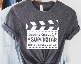 Camiseta de superestrella de segundo grado, Camiseta de maestro de segundo grado "Luces, cámara, acción", Camisetas de equipo de primaria para la vuelta al cole, Conjunto de Hollywood para el primer día de clases