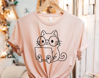 Computer Cat T-Shirt, Laptop Cat Shirt, Technological Cat Appatel, Cat Business Outfit, I Work On Computers Cat Tee, Computer Geek Gift