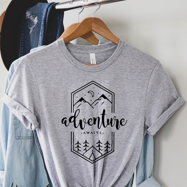 Adventure TShirt, Adventure Awaits Shirt, Camping Shirts, Mountain TShirt, Vacation Shirt, Hiker TShirts, Nature Lover Shirt, Camping Gift