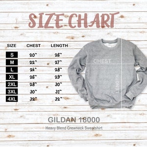Puede incluir: Tabla de tallas para una sudadera con cuello redondo Gildan 18000 Heavy Blend. La tabla muestra las tallas S a 4XL con las medidas de pecho y longitud correspondientes en pulgadas.
