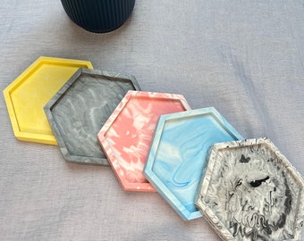 Jesmonite marbled color hexagonal tray - Handmade - Decoration - Jewelry candle holder - Gift - Artisanal - Home - Empty pocket