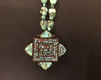 Vintage Tibetan Antique Green Turquoise Ghau Necklace