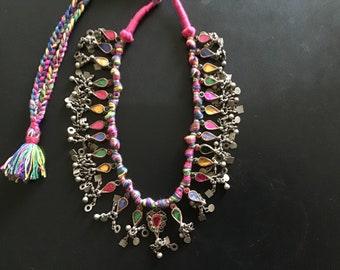 Old Silver Jaipur Kundum Necklace, Multi Coloured.