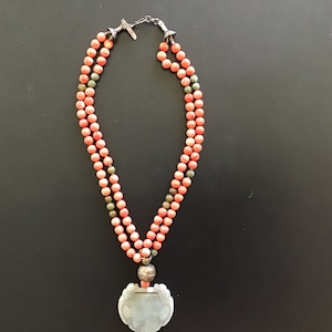 Vintage Chinese Coral with Jade Buckle Pendant