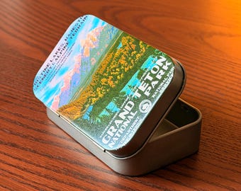 Grand Teton National Park Metal Storage Tin, Vintage Travel Art Tin Box, Wyoming Keepsake, Desk Organizer, Gift for Nature Lovers
