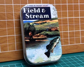 Caja de pesca vintage – Lata de bolsillo retro con ilustraciones de revistas
